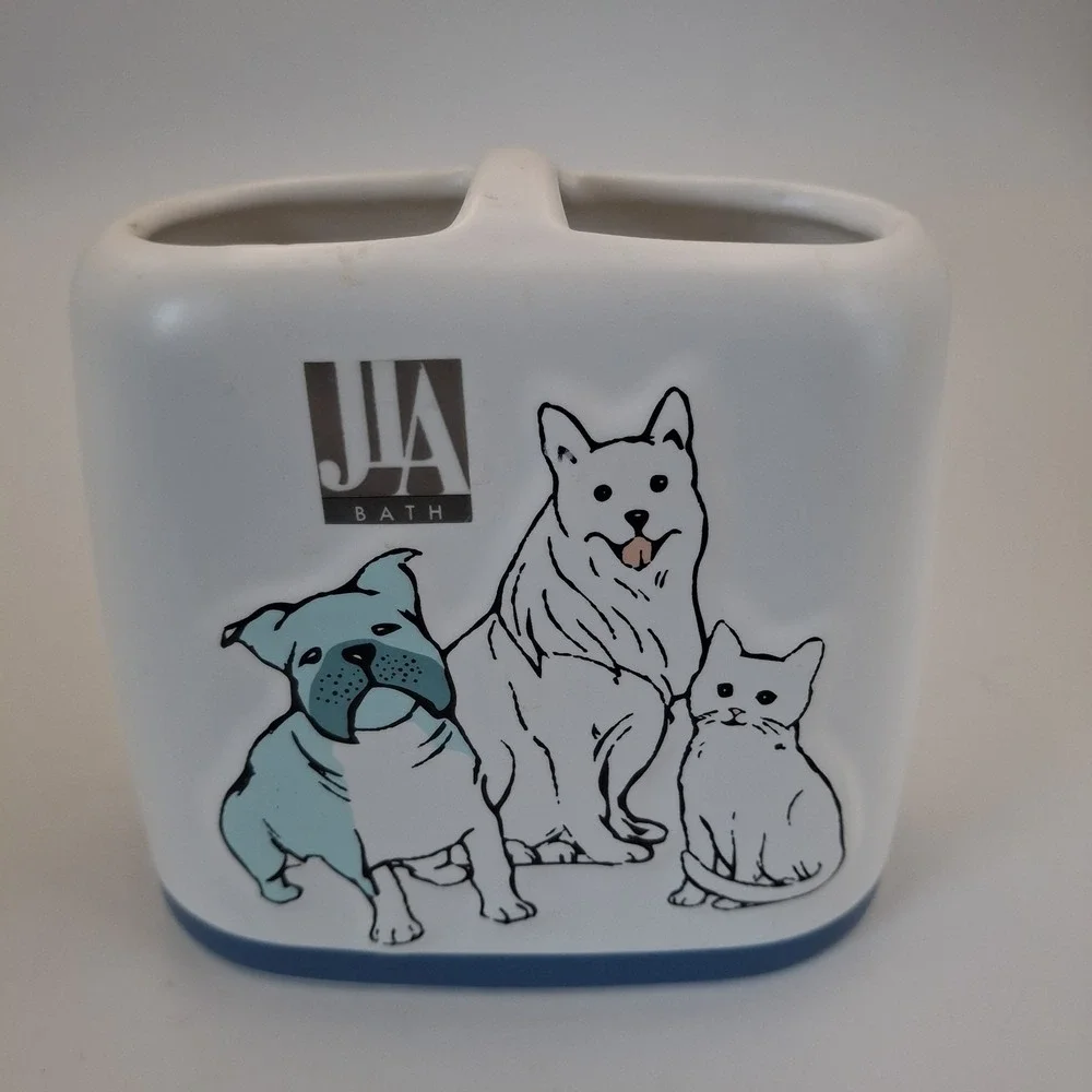JLA Bath Pet Friends Ceramic Toothbrush Holder White Blue Dogs Cat Bathroom Vtg
